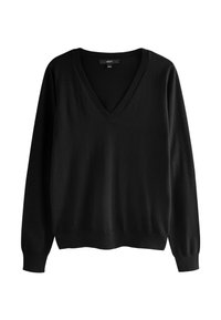 Maglione nero a scollo a V realizzato in tessuto morbido, con maniche lunghe e bordi a costine sul collo e sull'orlo. Design semplice e classico.