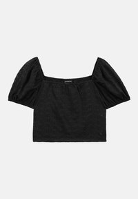 Sort tekstureret crop top med puffærmer, der har en firkantet udskæring og udsparinger i hele stoffet.