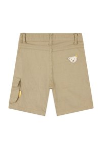 Pantaloni corti khaki con una superficie liscia, una tasca posteriore e un ricamo di un orso sul lato destro. Presentano una classica design della vita.