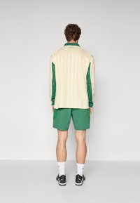 Chaqueta de rayas amarillas claras con detalles verdes, combinada con pantalones cortos verdes. El conjunto presenta un diseño deportivo y un ajuste relajado.
