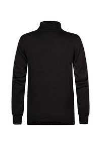 Maglione nero in maglia con colletto alto, maniche lunghe e orlo a coste. Texture morbida, senza motivi visibili o dettagli hardware.