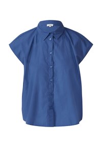 Blauw korte-mouwen overhemd met knopen van katoen; heeft een kraag en een losse, relaxte pasvorm met een rechte zoom.