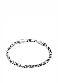 Silbernes Kettenarmband mit verbundenen ovalen Designs, polierter Oberfläche und Verschluss. Auffälliges Markenzeichen am Verschluss.