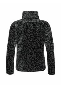 Pullover in pile nero con macchie leopardate grigie, colletto alto, maniche lunghe e una texture liscia. La vista posteriore mostra il design completo.