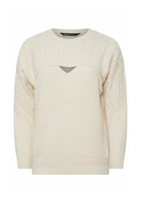 Maglione di colore crema lavorato a maglia con motivo a trecce, caratterizzato da un ampio scollo e un'apertura triangolare nella parte anteriore. Maniche lunghe incluse.