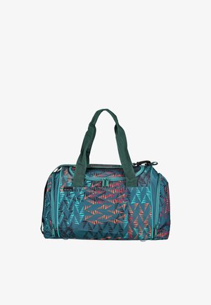 Duffle bag in teal fabric with geometric patterns in orange and black. Features dual green handles and a zippered main compartment.