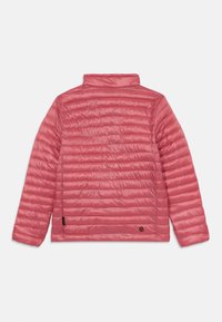 Light pink insulated jacket featuring a quilted design, high collar, and small logo on the lower left side. Smooth fabric texture.