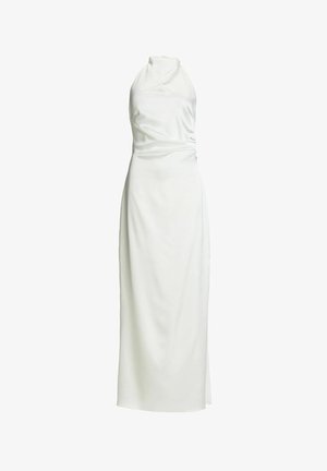 Weißes Neckholderkleid aus glattem Stoff mit seitlicher Raffung, bodenlangem Schnitt und einem dezenten Schlitz auf der linken Seite.