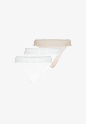 Three women's lace-trimmed thong underwear in beige and white, arranged overlapping on a white background.