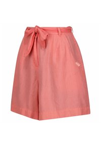 Coral pink high-waist shorts with side pockets and a matching fabric belt tied in a bow at the waist.
