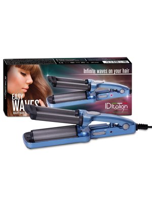 Ondulador de cabello eléctrico azul con doble cilindro y interruptor de encendido/apagado, colocado frente al embalaje que muestra a una mujer con cabello ondulado y el nombre del producto Easy Waves.