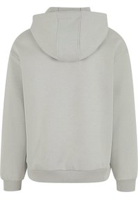 Lichtgrijze hoodie met een relaxed fit, gekenmerkt door ribgebreide manchetten en onderrand. Glad textuur zonder zichtbare patronen of hardware details.