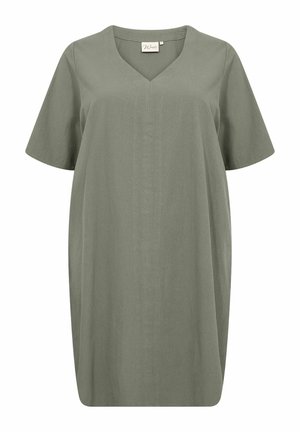 Short-sleeve dress in olive green, V-neck design, made of soft fabric, featuring a straight silhouette and minimalistic stitch detailing.