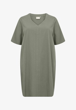 Short-sleeve dress in olive green, V-neck design, made of soft fabric, featuring a straight silhouette and minimalistic stitch detailing.