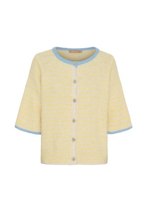 Gul og hvid stribet kortærmet cardigan med blå kant på krave og ærmer, med knapper foran.