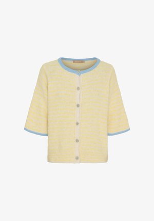 Gul og hvid stribet kortærmet cardigan med blå kant på krave og ærmer, med knapper foran.
