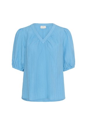 Vaaleansininen, lyhythihainen paita, jossa on V-pääntie, laskostettu pintakuvio ja puffihihat, valmistettu pehmeästä, kevyestä kankaasta.