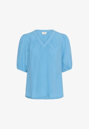 Vaaleansininen, lyhythihainen paita, jossa on V-pääntie, laskostettu pintakuvio ja puffihihat, valmistettu pehmeästä, kevyestä kankaasta.