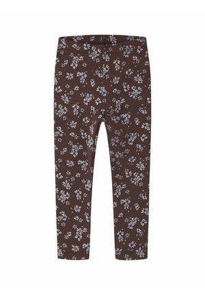 Leggings marron avec un imprimé floral blanc et gris en petit motif sur toute la surface, conçus pour enfants.