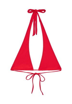 Haut de bikini triangle rouge avec lien noué autour du cou et au dos sur fond blanc.