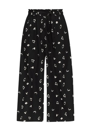 Mustad laiad püksid elastse vöökohtaga, lipsudetailiga ja valge abstraktse plekkmustriga üle kogu pinda. Tekstureeritud kangas.
