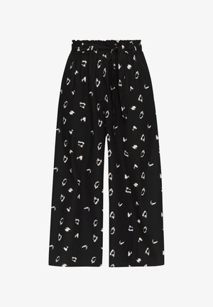 Čierne nohavice s širokými nohavicami, s týmtoťovým elastickým pásom, viazaním a bielym abstraktným bodkovaným vzorom po celom povrchu. Textúrovaná tkanina.