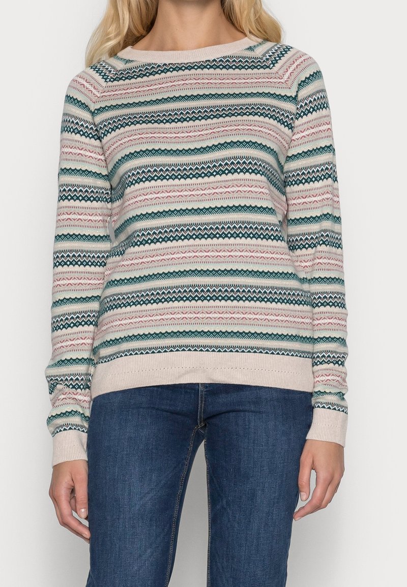 Strickpullover mit horizontalem Streifenmuster in Türkis, Rosa und Creme, mit gerippten Bündchen und Saum. Figurbetonter Schnitt und runder Ausschnitt.