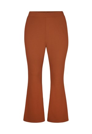 Geribbelde, bruine, uitlopende broek met een elastische tailleband en een gladde textuur, ontworpen voor comfort en flexibiliteit.