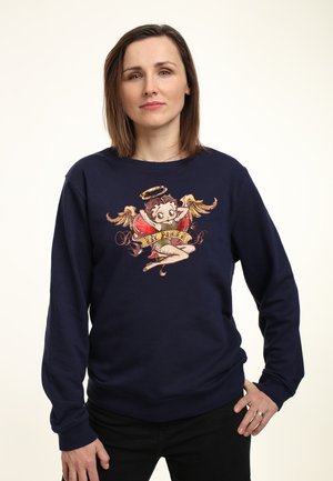 Felpa blu navy con un grande grafico ricamato di un cherubino, con un'aureola e ali, che tiene un banner con la scritta "Il mio angelo".
