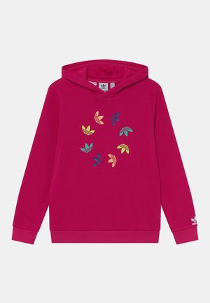 Fuchsia hættetrøje med snøre, forlomme og multifarvet bladlogo i midten. Lavet af blødt stof.