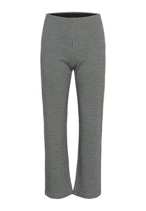 Mustavalkoiset houndstooth-kuosiset housut, joissa on istuva vyötärö, suora lahkeiden malli sekä sileä pinta. Ei näkyvää metalliosaa.