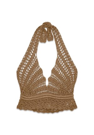 Haut dos nu marron en crochet avec motif ajouré, décolleté en V profond et fermeture à nouer au cou.