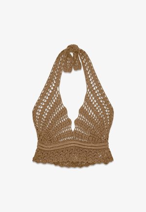 Haut dos nu marron en crochet avec motif ajouré, décolleté en V profond et fermeture à nouer au cou.