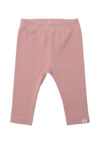 Gestreifte, pinke Leggings mit einem elastischen Bund und einem kleinen Etikett am unteren linken Saum; weicher Stoff und schmal zulaufende Beine.