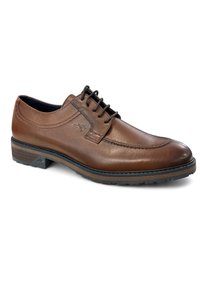 Zapato de cordones de cuero marrón con un acabado suave, punta redondeada, tacón bajo apilado y costuras decorativas a lo largo de los lados.