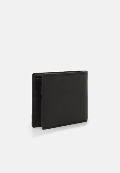 Black leather wallet with a minimalist design, featuring multiple card slots and a smooth texture. Edges are neatly stitched.