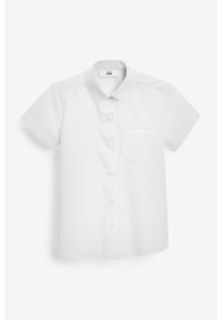 Korte mouwen witte knoopshirt met een kraag en een klein borstzakje. Gemaakt van een gladde, effen stof.