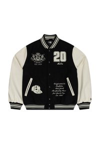 Black and cream varsity jacket with embroidered details, ribbed cuffs, and collar. Features numbers, logos, and text on the fabric.