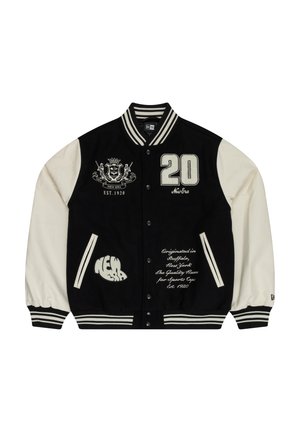 Black and cream varsity jacket with embroidered details, ribbed cuffs, and collar. Features numbers, logos, and text on the fabric.