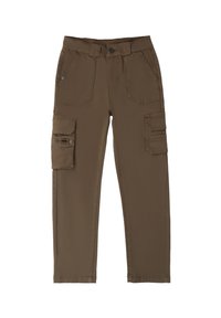 Bruine cargobroek met een ritszak, meerdere zijzakken, een knoopsluiting en een rechte pasvorm. Gemaakt van duurzaam materiaal.