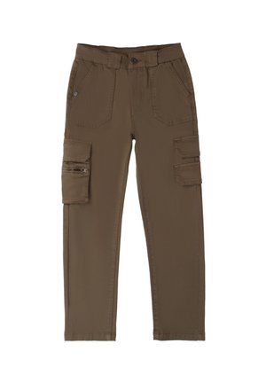 Braune Cargo-Hosen mit einem Reißverschlussfach, mehreren Seitentaschen, einem Knopfverschluss und einem geraden Bein. Aus strapazierfähigem Stoff gefertigt.