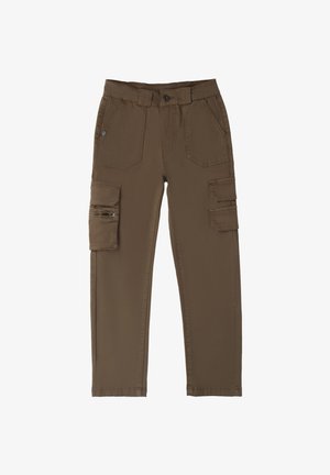 Pantalones cargo marrones con un bolsillo con cremallera, múltiples bolsillos laterales, cierre de botón y un diseño de pierna recta. Fabricados con tela duradera.