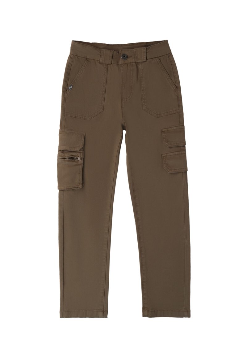 Bruine cargobroek met een ritszak, meerdere zijzakken, een knoopsluiting en een rechte pasvorm. Gemaakt van duurzaam materiaal.
