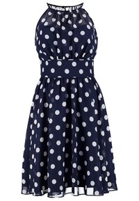 Robe bleu marine à pois avec un col licou et un corsage froncé. Elle présente une taille cintrée et une jupe évasée, fabriquée en tissu léger.