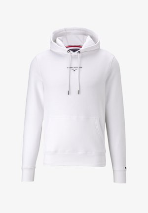 Weißer Hoodie aus weichem Stoff, mit Kängurutasche, Kordelzügen und kleinem Logotext auf der Brust. Lange Ärmel, gerippte Bündchen.