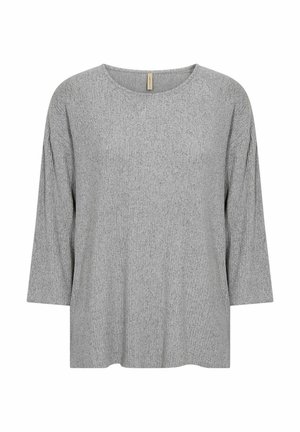 Grey long-sleeve top with a round neckline, made of a textured knit material, featuring a relaxed fit and subtle ribbing details.