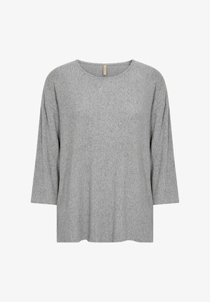 Pilkas ilgomis rankovėmis marškinėliai su apvaliu iškirpimu, pagaminti iš tekstūrinės megztos medžiagos, pasižymintys laisvu siluetu ir subtiliomis briaunomis.