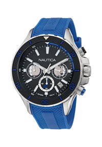 Montre chronographe pour homme avec un cadran texturé noir, des aiguilles argentées, des accents bleus et un bracelet en silicone bleu. Résistante à l'eau jusqu'à 100 mètres.