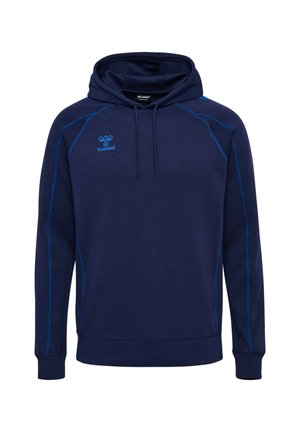 Marineblauer Kapuzenpullover mit langen Ärmeln, blauen Ziernähten, Kordelzügen und einem kleinen blauen Hummel-Logo auf der linken Brust.