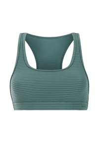 Sport-BH in meergrün mit strukturierter Oberfläche, Racerback-Design und breiten Schulterriemen, entwickelt für aktive Nutzung.